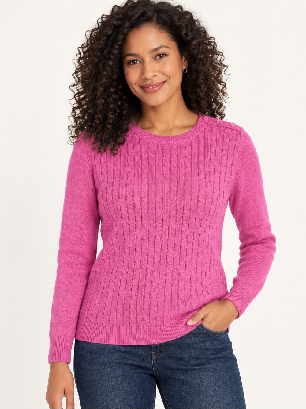 Talbots Pink Cable-Knit Crewneck Sweater Womens Size XLP with Shoulder Buttons